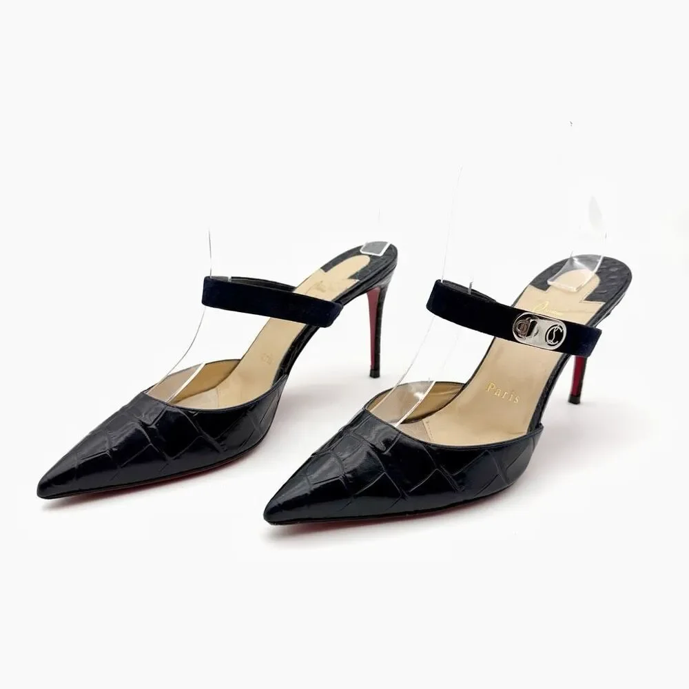 CHRISTIAN LOUBOUTIN Choc Lock Navy Blue Slide Size 37.5 US 7 Leather Heel Mule - Picture 13 of 13